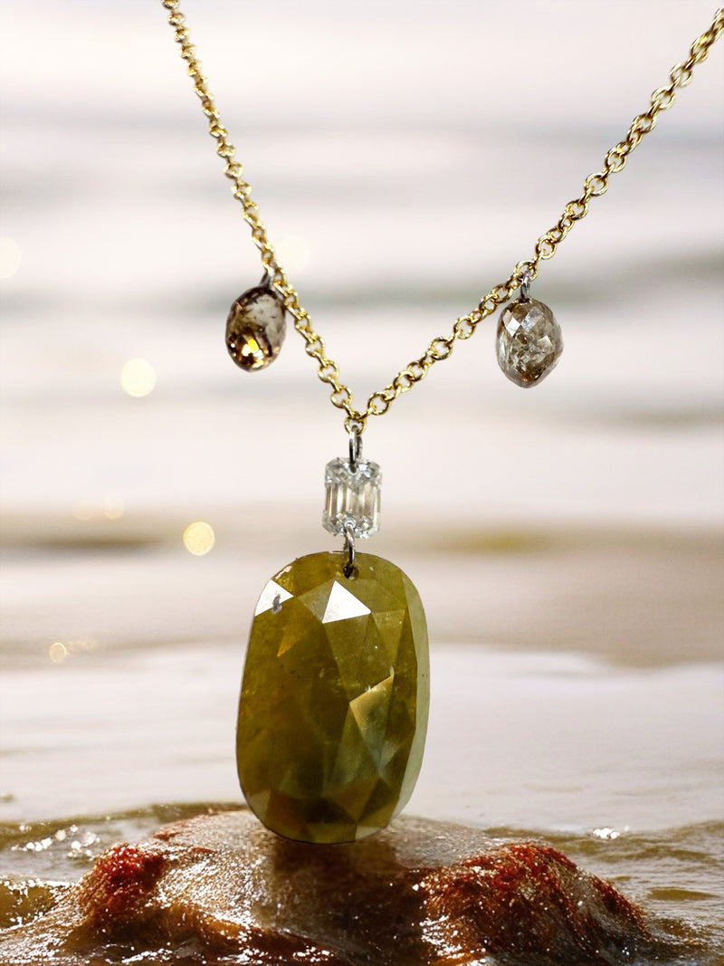 Green Hue Rose Cut Diamond Talisman Pendant Necklace – 3ct with Cognac Briolettes & Emerald Cut Accent on 14k Gold