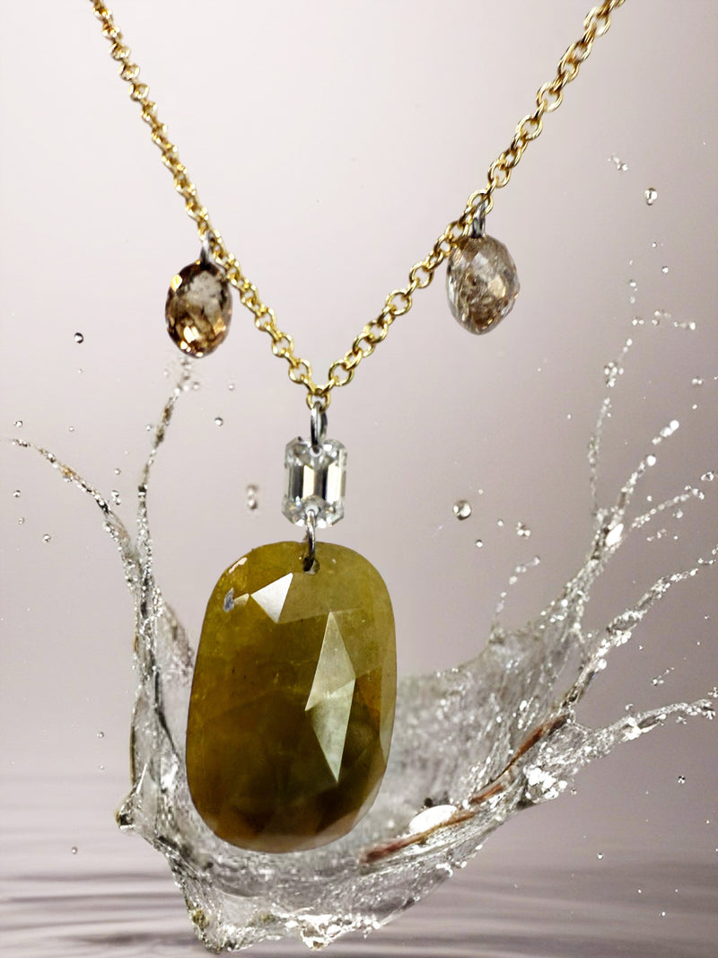 Green Hue Rose Cut Diamond Talisman Pendant Necklace – 3ct with Cognac Briolettes & Emerald Cut Accent on 14k Gold