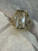 6.63 Carat Portrait Cut Octagonal Step Lab Diamond Bridge Ring | Mosaic Pavé Chocolate & White Diamonds | 14K Yellow Gold