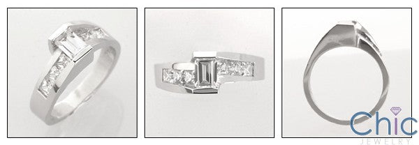 Cubic Zirconia Half Carat Emerald Cut Center Channel Princess Sides Cz Ring 14K White Gold