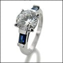 3 Stone 2.25 Round Diamond Color Center Sapphire Blue Baguettes Channel Cubic Zirconia Cz Ring