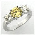 3 Stone Cubic Zirconia Ring 1 Carat Round Yellow Center Diamond Cz Sides 14K White Gold