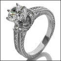 Engagement Round Cubic Zirconia 1 Ct Center Engraved Pave Shank 14k White Gold Cz Ring