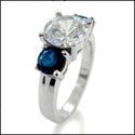 Cubic Zirconia 3 Stone Ring 2 Ct Round Center And Sapphires 14k White Gold