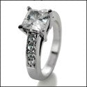 CZ Princess Center 1 Carat Cubic Zirconia Round Sides Stone 14k White Gold Engagement Ring