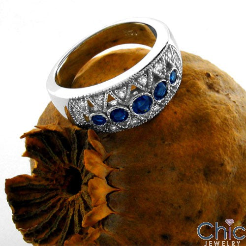 Sapphire Round Cubic Zirconia Bezel and Pave Diamonds CZ Ring 14k White Gold