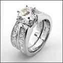 High Quality Cubic Zirconia Matching Engagement Ring Set Round 1.75 Center Stone Channel Princess Sides 14k W Gold