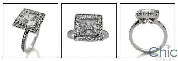 1.5 Princess Cubic Zirconia in Bezel Pave Halo 14K White Gold Engagement Ring