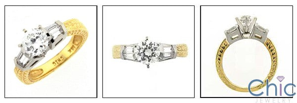 Engagement 0.75 Round Center Two Tone Engraved Shank Cubic Zirconia Cz Ring