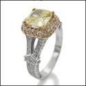 1.5 Carat Canary Cushion Cubic Zirconia Rose Gold Halo and Pave Sides Two Tone 14K Ring
