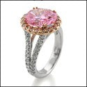 Pink Oval 4 Carat Rose Gold Halo Pave Cubic Zirconia Two Tone Anniversary Ring