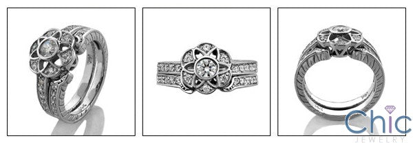 Matching Set .40 Bezel Round Flower Top fitted Cubic Zirconia Cz Ring