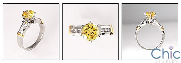 Cubic Zirconia Canary 1 Carat Round Center Two tone Gold Ring Yellow Bars