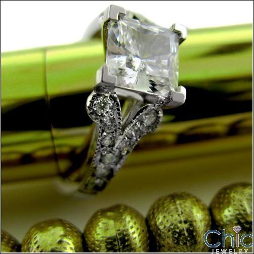1.25 Princess Cut Center Antique Style Pave Set Cubic Zirconia Engagement 14K White Gold Ring