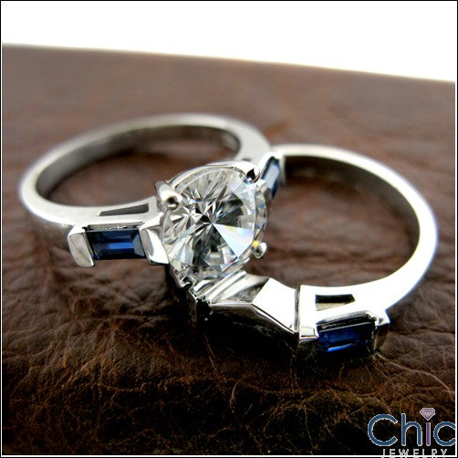 Matching Set 2.25 Round Center Sapphire Baguettes in Channel Cubic Zirconia Cz Ring