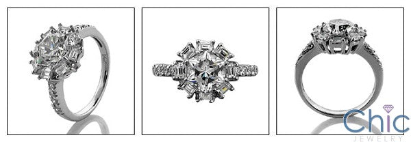 Star Shaped Center  Baguette Round Cubic Zirconia Cz 14K White Gold Ring