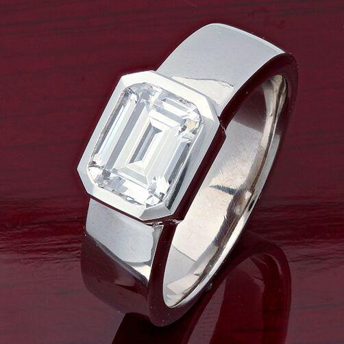1.5 Emerald Cut High Quality Cubic Zirconia Solitaire Ring in Bezel 14K White Gold