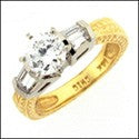 Engagement 0.75 Round Center Two Tone Engraved Shank Cubic Zirconia Cz Ring