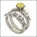 Matching Set Canary Round Stone Baguettes on Cubic Zirconia Cz Ring