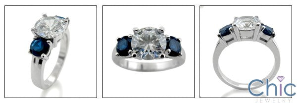 Cubic Zirconia 3 Stone Ring 2 Ct Round Center And Sapphires 14k White Gold