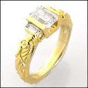 Antique Style 1 Carat Cubic Zirconia Emerald Cut Baguettes Cz Ring 14K Yellow Gold
