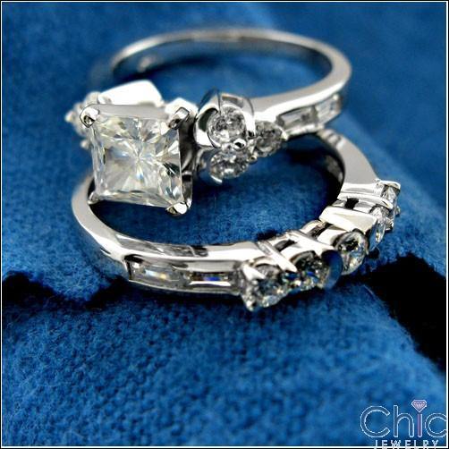1 Ct Cubic Zirconia Princess Center Matching Engagement Ring Set 14K Gold