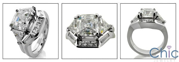 3.5 Asscher And Trillion Cubic Zirconia Ring Fitted Channel Matching Band 14K White Gold