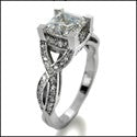 Engagement 1.25 Asscher Cubic Zirconia  Pave Set Rounds Side Stones Cz 14K White Gold Ring