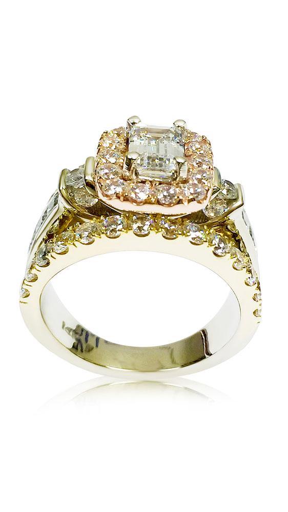 .75 CZ Emerald Cut Halo Style Split Shank Pink Yellow and White Gold 14K Engagement Ring