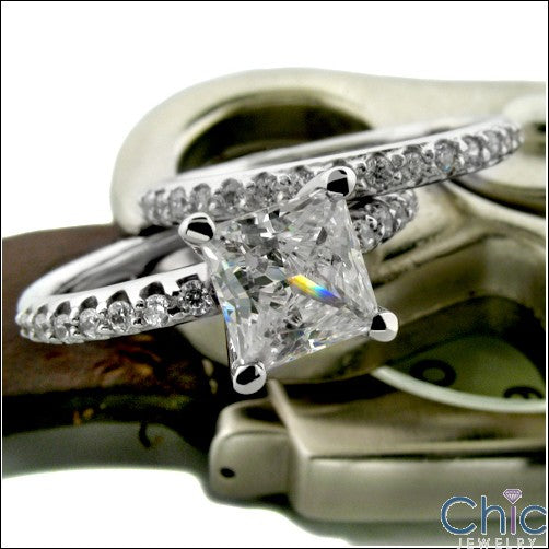 Cubic Zirconia Matching Engagement Ring Set 1 Ct Princess CZ Center with Prong Wedding Band 14K White Gold