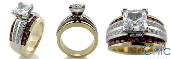 1.25 Princess Cubic Zirconia Center 10.5 mm Shank Two Tone Gold Engagement Ring Side Stone Ruby