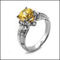 Engagement 2 Ct Yellow Round Center HCt Engraved Shank Cubic Zirconia Cz Ring
