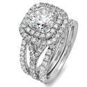 Matching Set 2 Ct Cushion Cubic Zirconia Pave Halo Ring Double Bands 14K W Gold