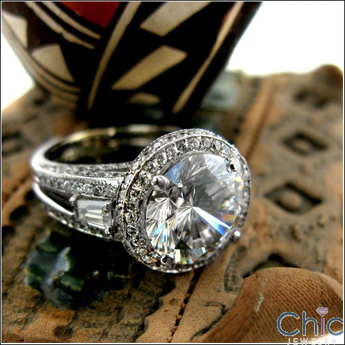 Best Quality Cubic Zirconia Ct Round Halo Pave and Baguettes Ring 14K  White Gold