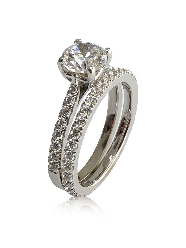 1 Carat Round CZ Engagement ring with eternity band 14K White gold