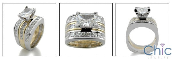 Matching Set 2 Ct Radiant Channel Princess Two tone Wedding Cubic Zirconia Cz Ring