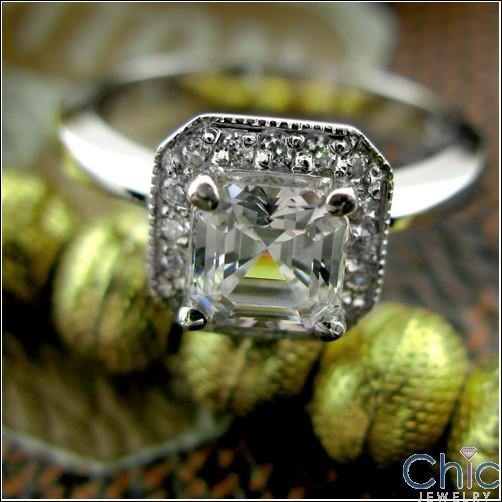 .75 Carat Asscher Cut Pave Halo Cubic Zirconia Engagement Ring 14k White Gold