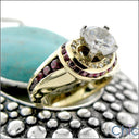 Round 1 Ct Center Ruby channeled Halo Cubic Zirconia Yellow Gold Ring