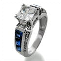 Engagement Princess 1 Ct Center Sapphire Channel Cubic Zirconia 14K White Gold Ring