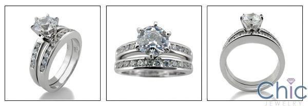 1.25 Round Center 6 Prong Tiffany Style Cubic Zirconia Engagement Ring Set 14K W Gold