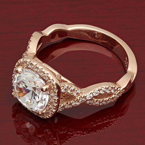 Highest Quality 2.5 Carat Cushion Rounded Corners Halo Rose Gold Engagement Ring