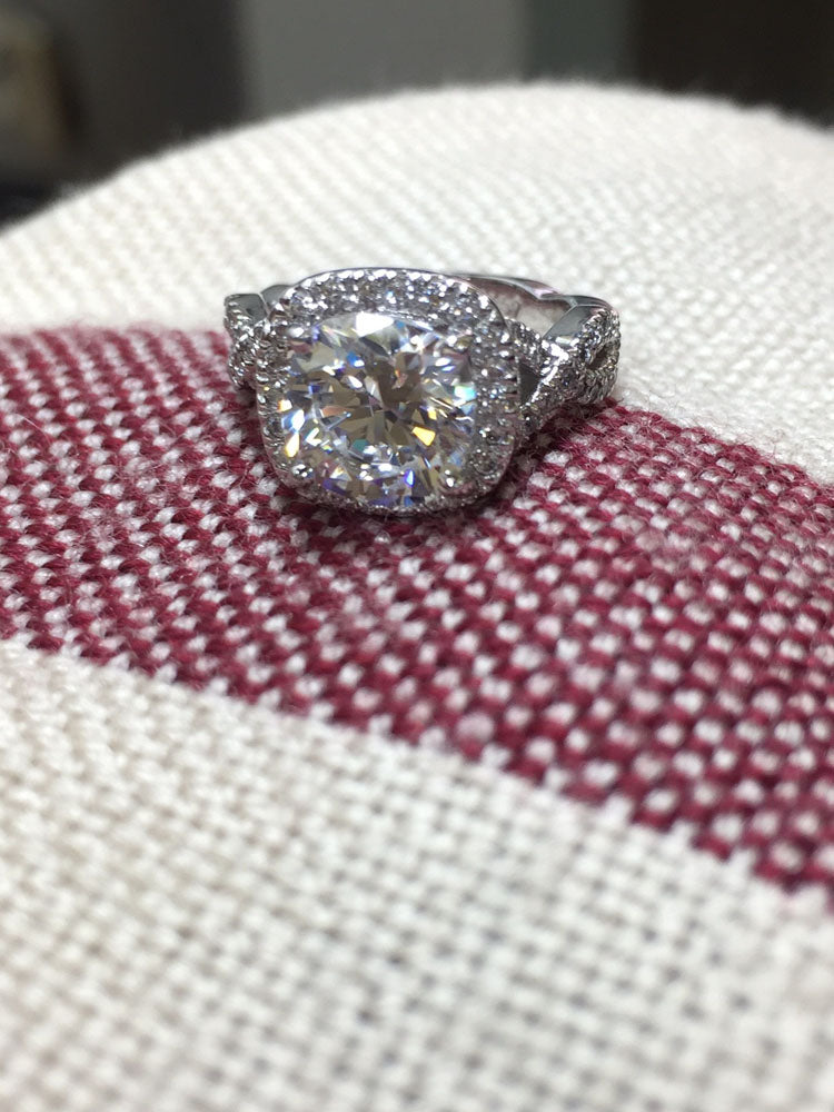 Highest Quality 2.5 Carat Cushion Rounded Corners Halo Rose Gold Engagement Ring