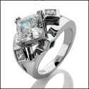 Engagement Princess 1.5 Ct Cubic Zirconia Center Bezeled Sides 14k White Gold CZ Ring