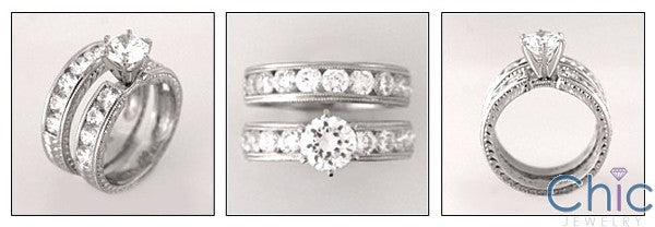 Matching Set 1 Ct Round Center HCt Engraved Channel Shanks Cubic Zirconia Cz Ring