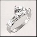 .75 Round Cubic Zirconia 4 Baguettes Channel Engagement Ring 14K White Gold