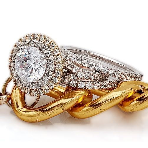2 Carat Round CZ Double Halo Pave Engagement Ring and Bands Two Tone Gold