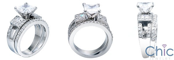 CZ Matching Engagement Ring Set 1.5 Princess Pave Sides Cubic Zirconia 14K White Gold