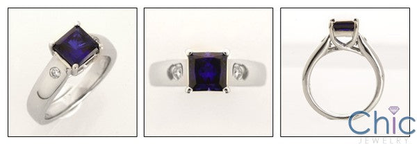 Solitaire 1 Carat Princess Sapphire Tiffany Style Cubic Zirconia Ring 14k White Gold