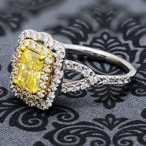 Canary Radiant Two Tone Halo  Cubic Zirconia Ring