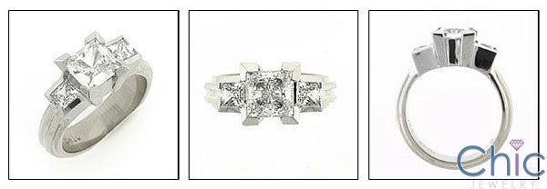 3 Stone 1.5 Total Carat Weight Princess Cubic Zirconia Prong Channel  Ring 14k White Gold